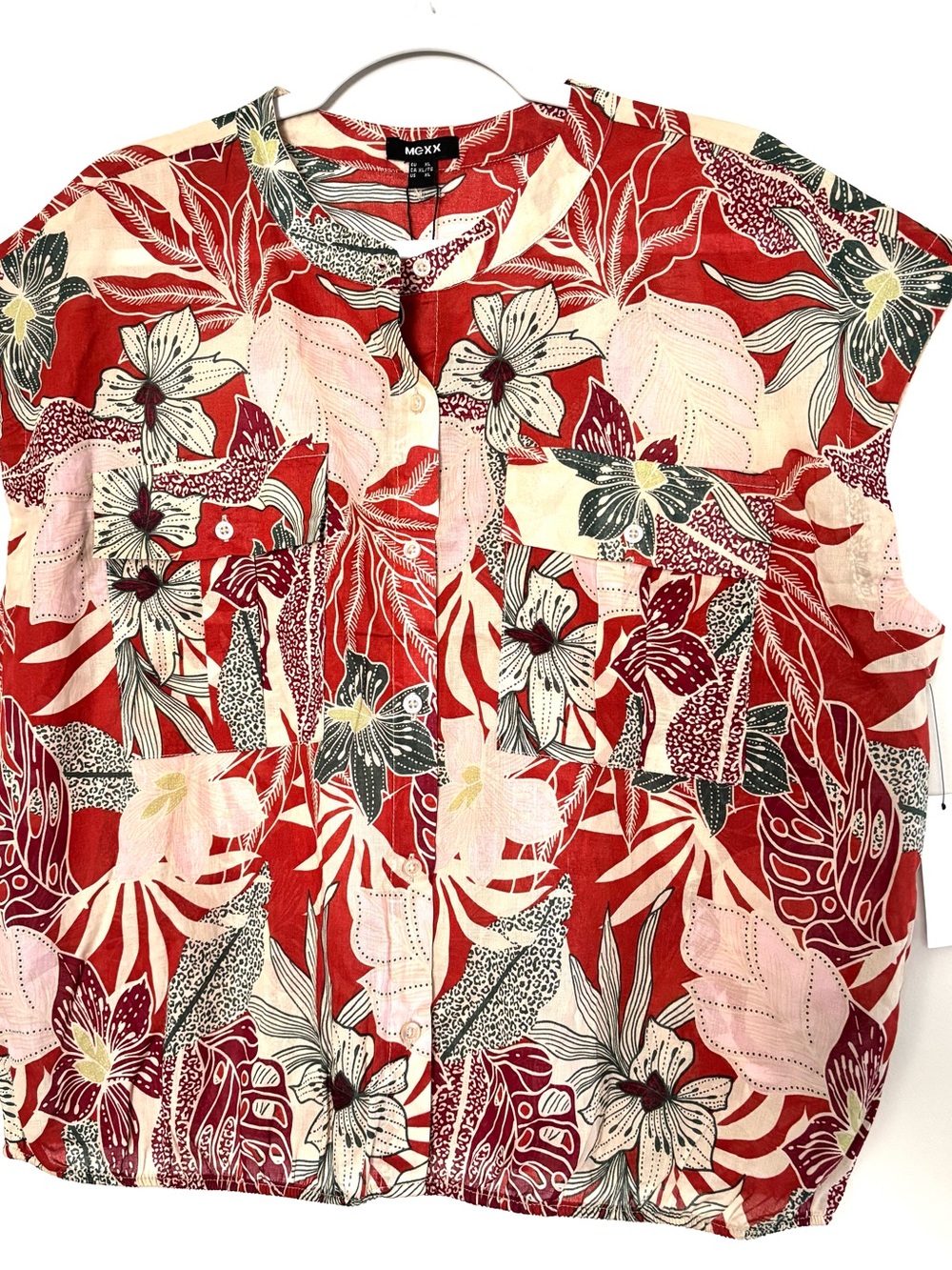 Mexx Pink Rose Red Cream Floral Cargo Top Button-Down Short-Sleeve Blouse- s XL